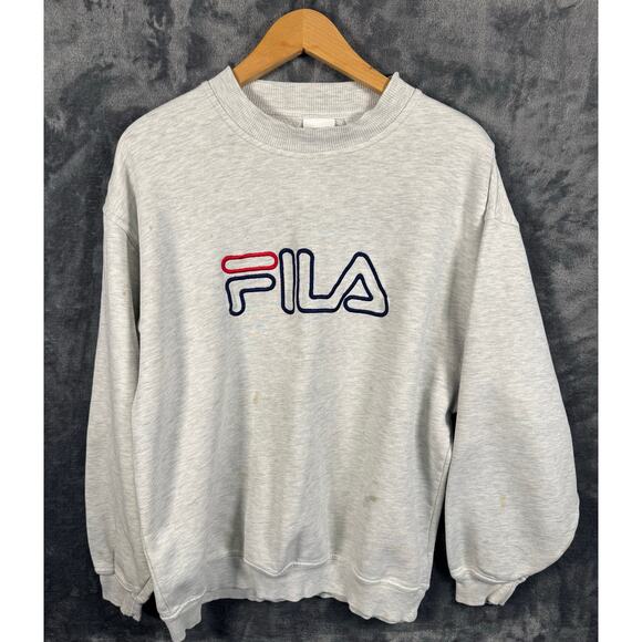 VTG 90s Fila Embroidered Big Logo Crewneck Sweatshirt Men's Med Gray Made in USA - Picture 1 of 13